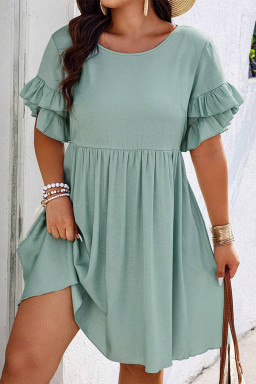 Plus Size Grass Green Ruffle Trim Short Sleeve  Flared Mini Dress
