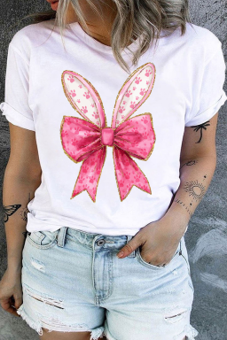 Plus Size White Easter Bunny Ear Bowknot Graphic T Shirt