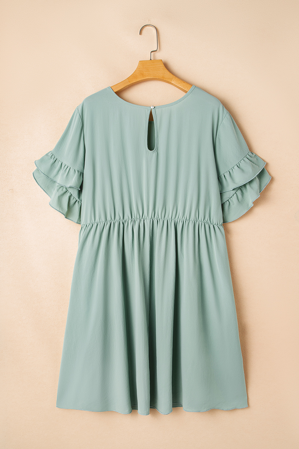 Plus Size Grass Green Ruffle Trim Short Sleeve  Flared Mini Dress