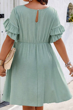 oversized Grass Green Ruffle Trim Short Sleeve Flared Mini Dress