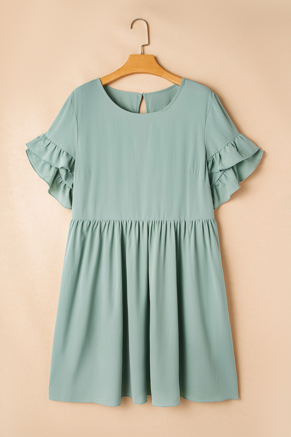 Plus Size Grass Green Ruffle Trim Short Sleeve  Flared Mini Dress