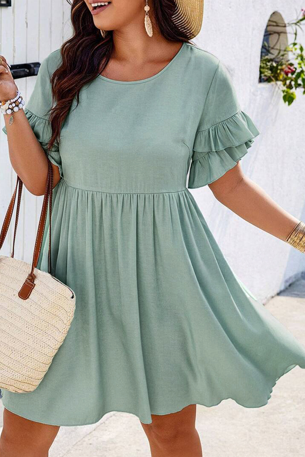 Plus Size Grass Green Ruffle Trim Short Sleeve Flared Mini Dress