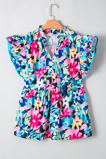 Plus Size Blue Floral Flutter Sleeve Tied Notched Neck  Blouse