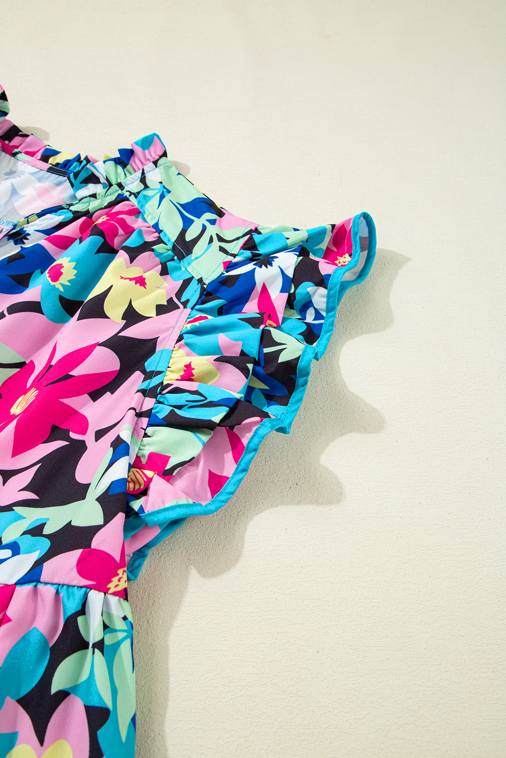 Plus Size Blue Floral Flutter Sleeve Tied Notched Neck  Blouse