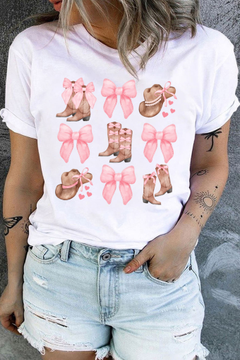 Plus Size White Cowgirl Boots Hat Bowknot Graphic Western Tee