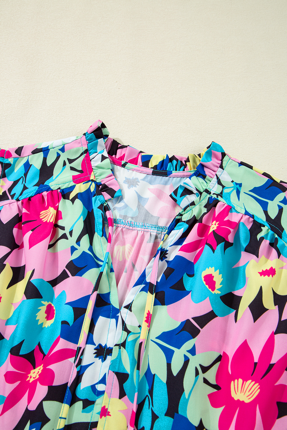 Plus Size Blue Floral Flutter Sleeve Tied Notched Neck  Blouse