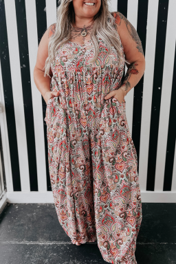 Plus Size Multicolour  Paisley Print Sleeveless V Neck Jogger Jumpsuit