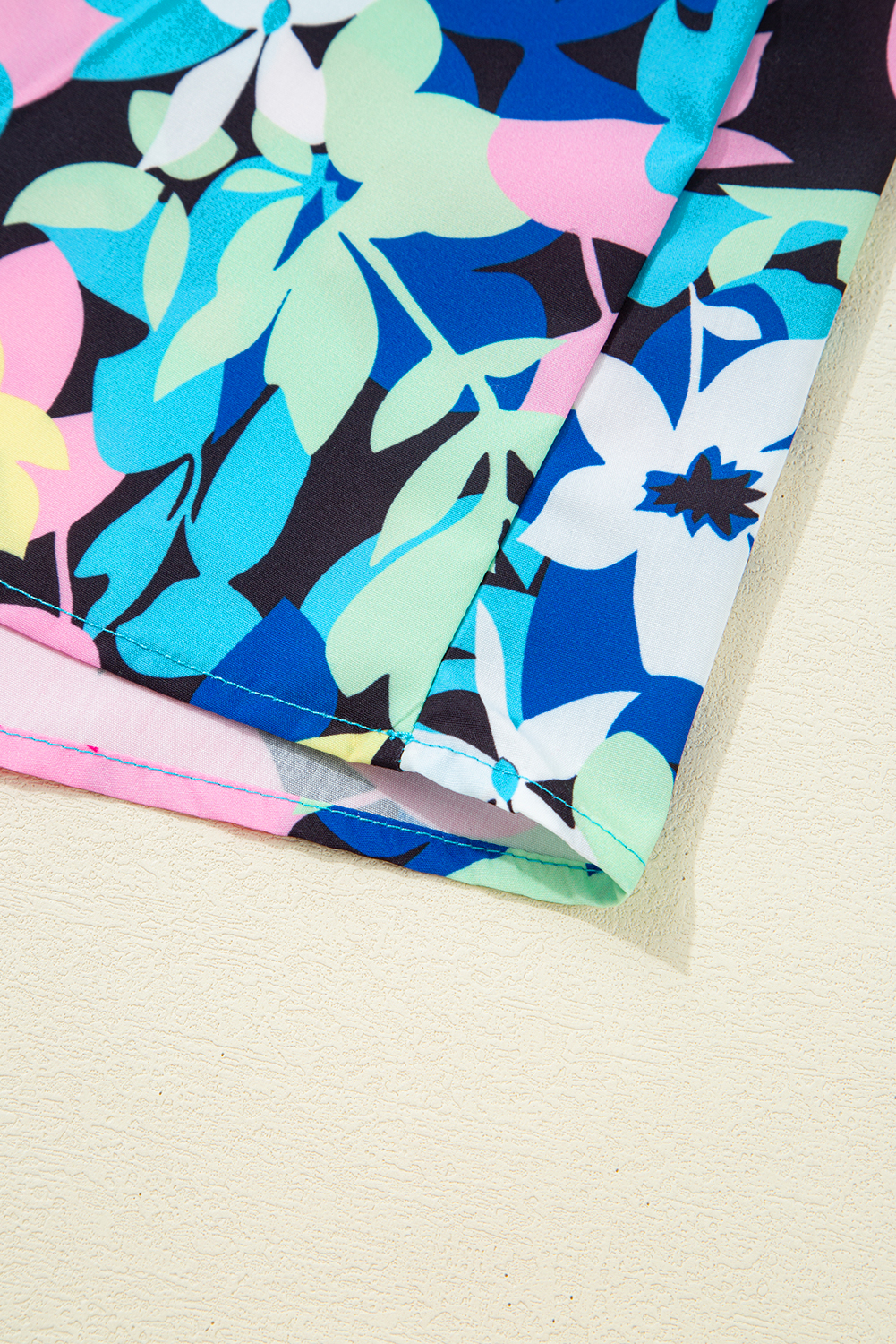 Plus Size Blue Floral Flutter Sleeve Tied Notched Neck  Blouse