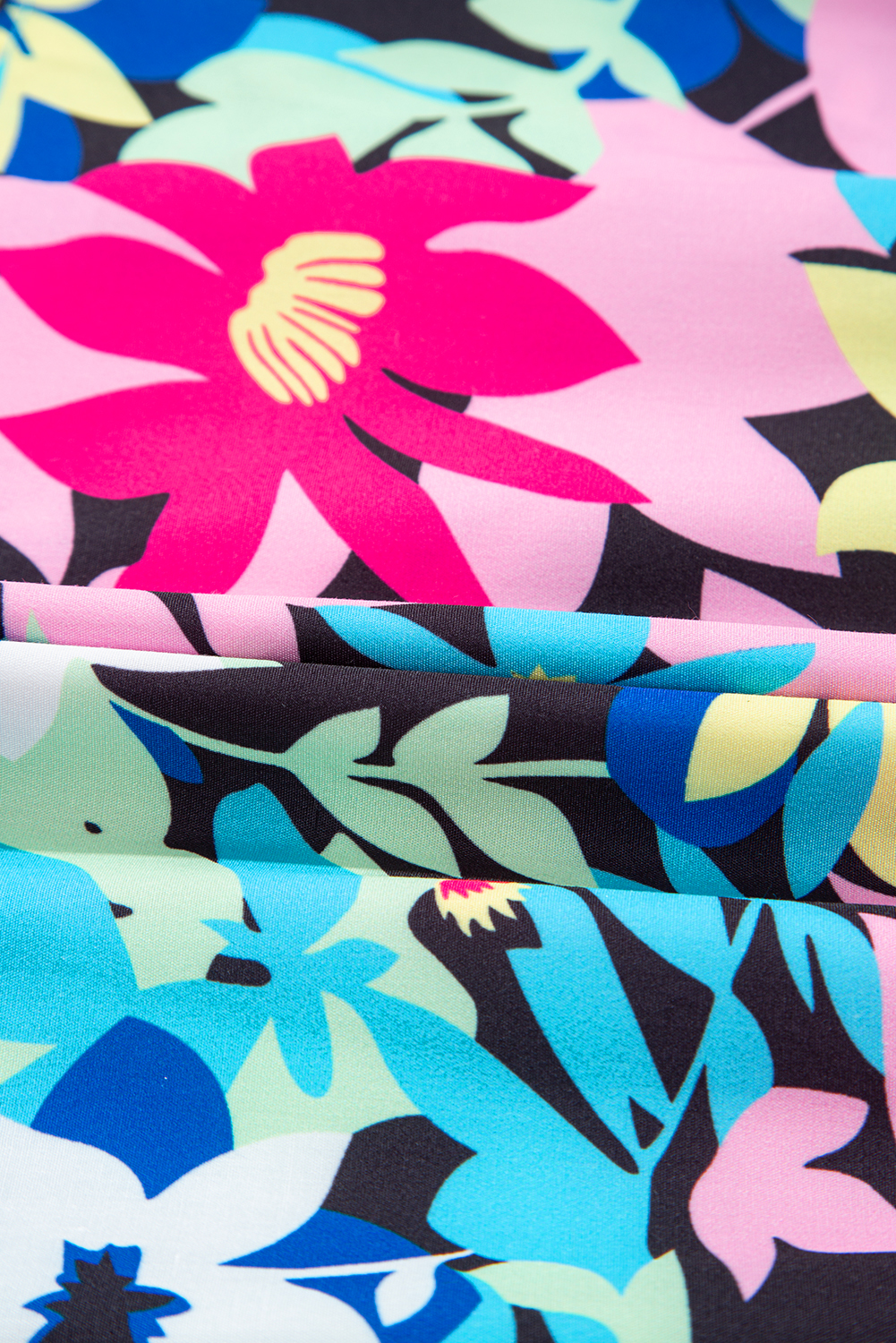 Plus Size Blue Floral Flutter Sleeve Tied Notched Neck  Blouse