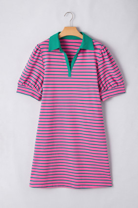 Rose Stripe Collared V Neck Puff Sleeve Shift T Shirt Dress with Pockets