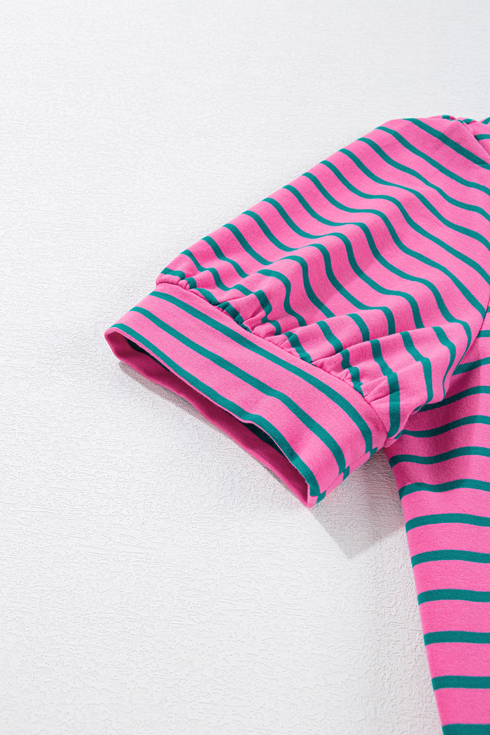 Rose Stripe Collared V Neck Puff Sleeve Shift T Shirt Dress with Pockets