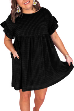Black Textured Ruffled Sleeve Babydoll Plus Dress