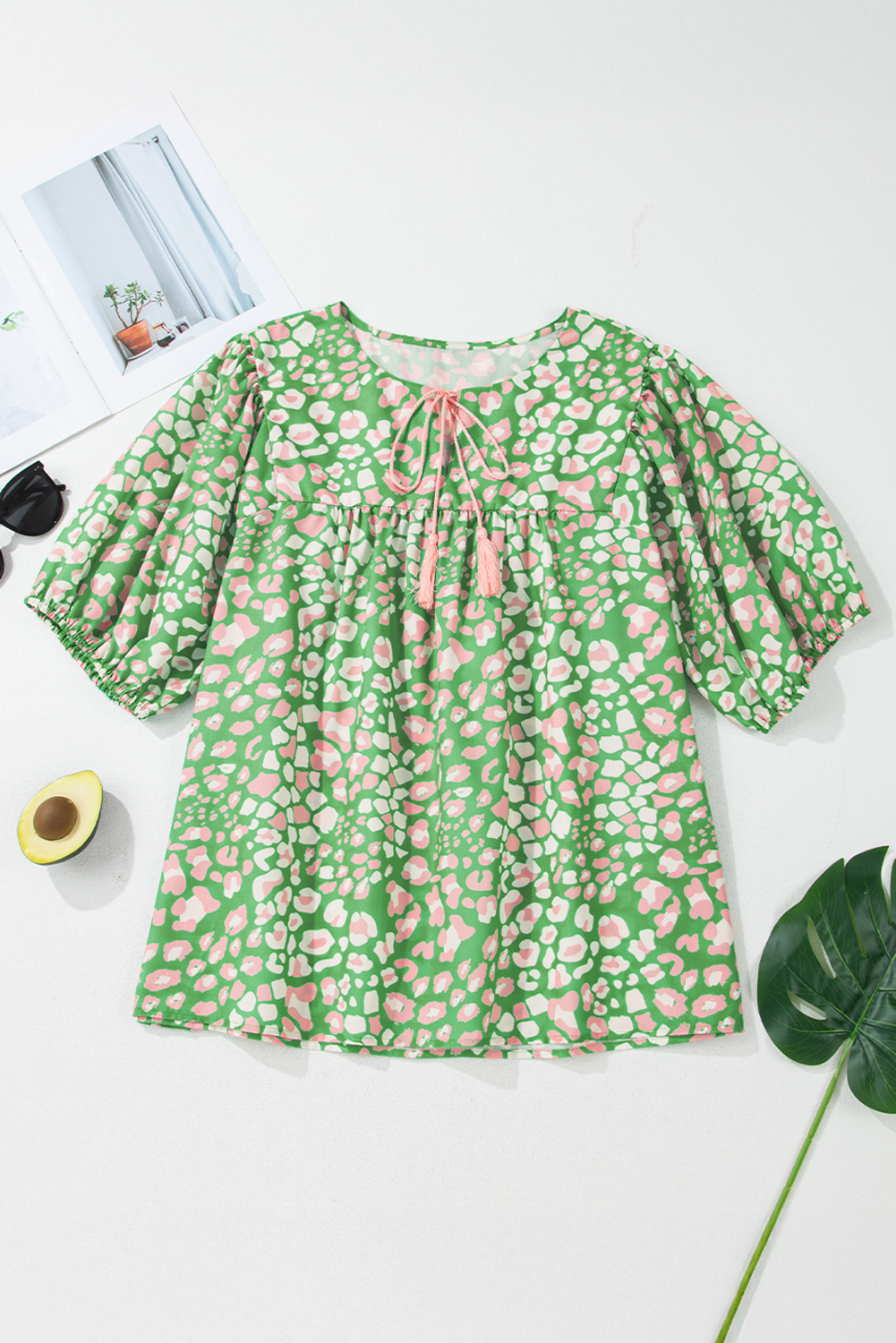 Plus Size Green  Floral Tassel Tie Split Neck Puff Sleeve Blouse