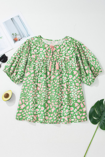 Plus Size Green  Floral Tassel Tie Split Neck Puff Sleeve Blouse