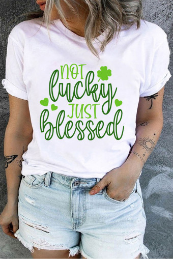 Plus Size White not lucky just blessed Clover Heart Printed  T Shirt