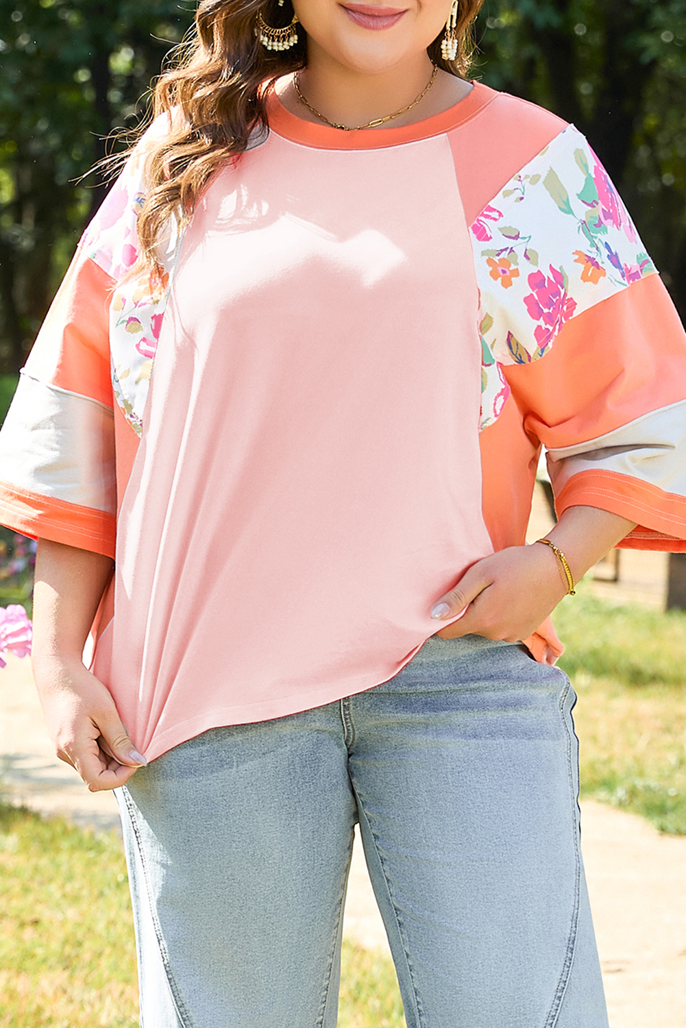 Plus Size Orange  Floral Print Patchwork Raglan Half Sleeve Top