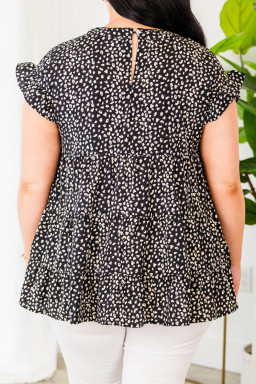 Plus Size Black Leopard Print Ruffled Short Sleeve Keyhole Back Tiered Flowy  Blouse