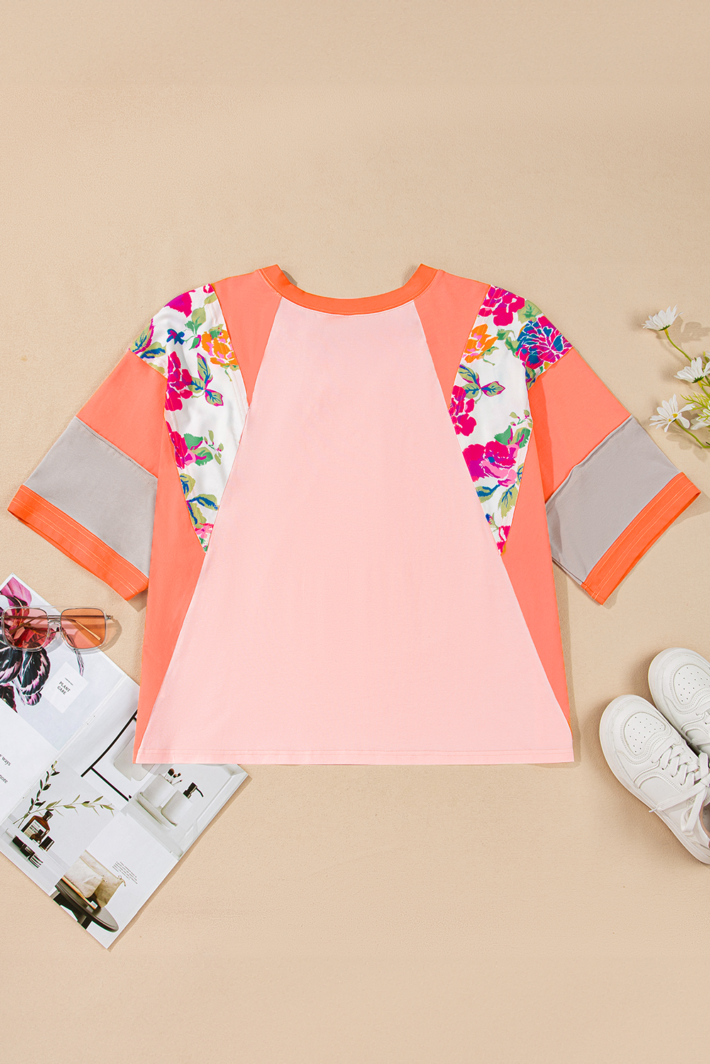 Plus Size Orange  Floral Print Patchwork Raglan Half Sleeve Top