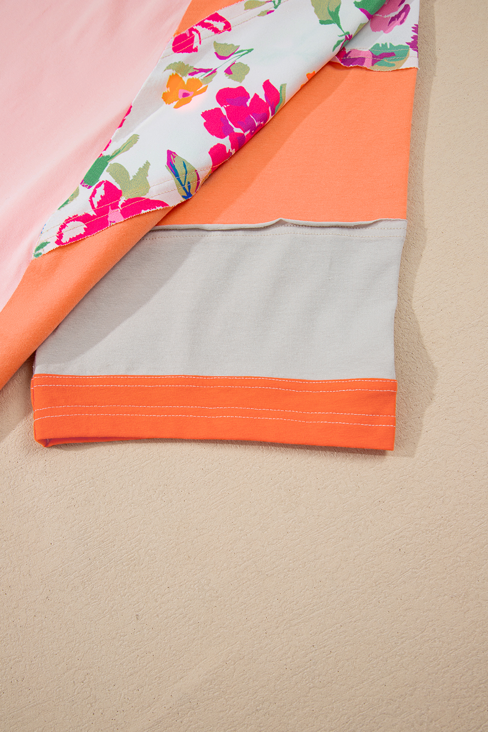 Plus Size Orange  Floral Print Patchwork Raglan Half Sleeve Top