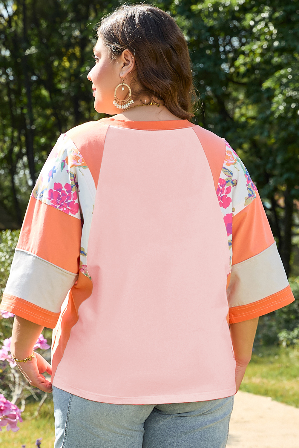 Plus Size Orange  Floral Print Patchwork Raglan Half Sleeve Top
