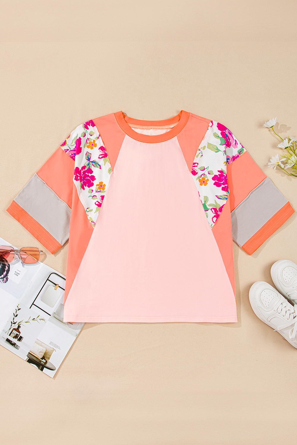 Plus Size Orange  Floral Print Patchwork Raglan Half Sleeve Top