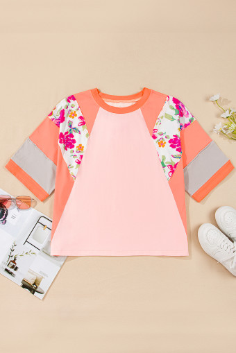 Plus Size Orange  Floral Print Patchwork Raglan Half Sleeve Top