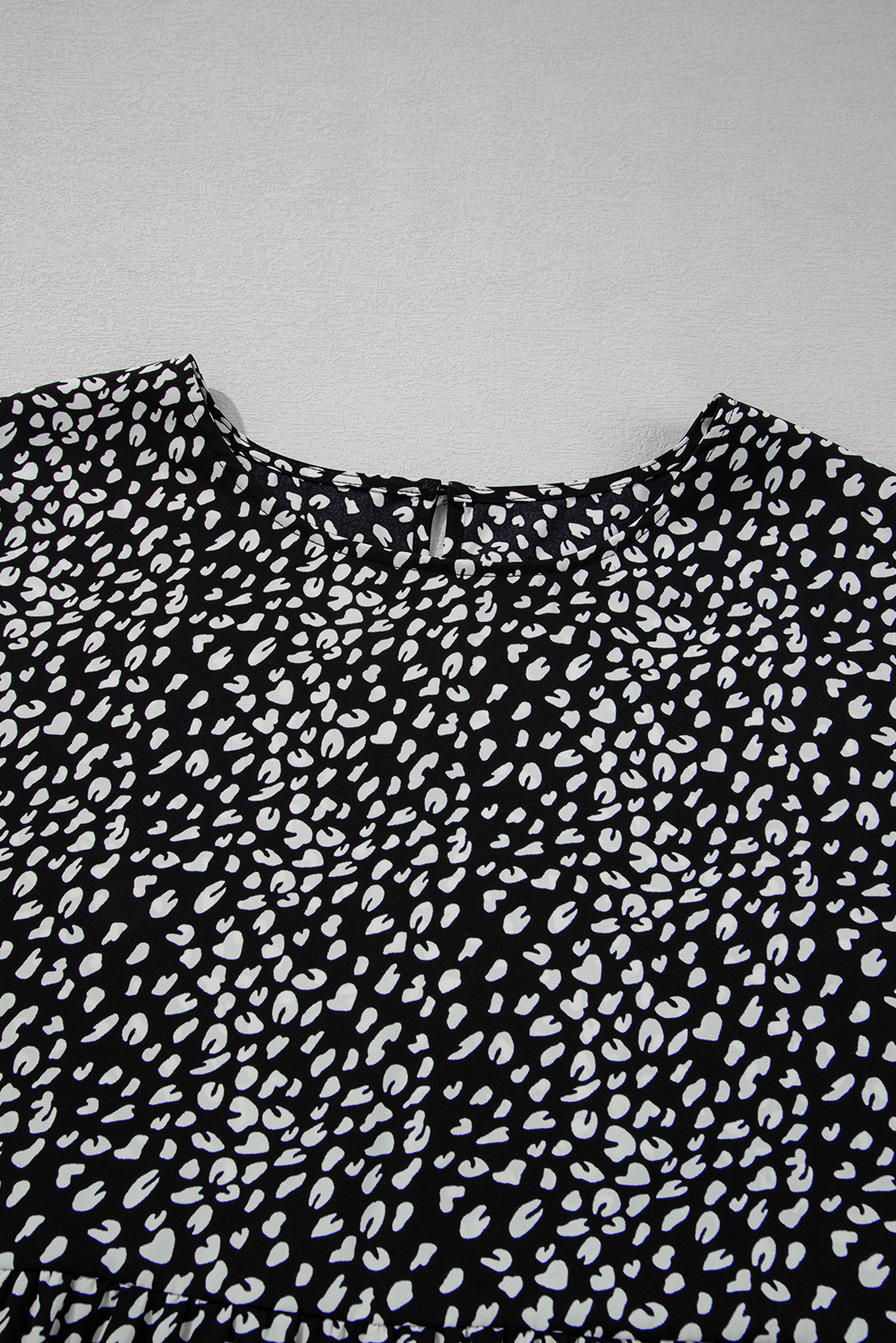Plus Size Black Leopard Print Ruffled Short Sleeve Keyhole Back Tiered Flowy  Blouse