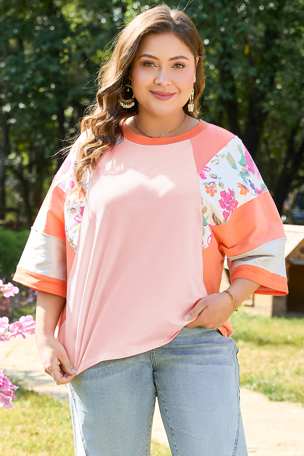 Plus Size Orange  Floral Print Patchwork Raglan Half Sleeve Top
