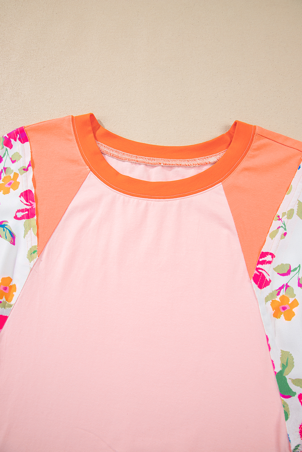 Plus Size Orange  Floral Print Patchwork Raglan Half Sleeve Top