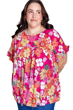 Plus Size Rose  Floral Print Ruffle Short Sleeve Blouse
