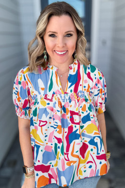 Plus Size White Abstract Print Shirred Cuff Puff Sleeve  Blouse