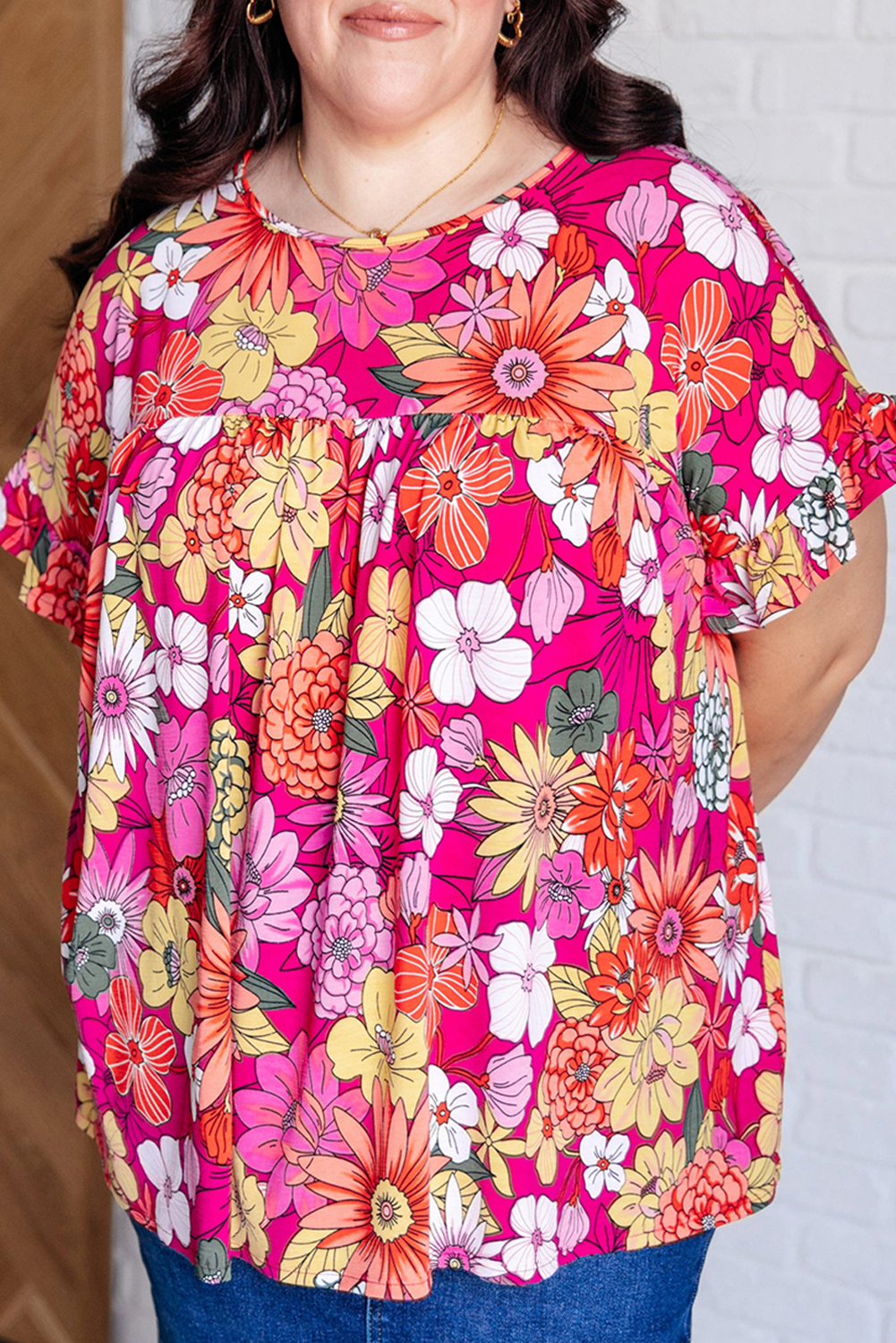 Plus Size Rose  Floral Print Ruffle Short Sleeve Blouse