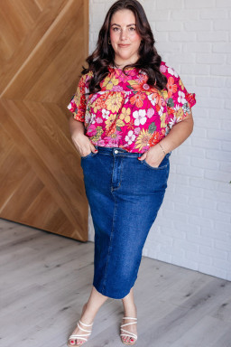 Plus Size Rose  Floral Print Ruffle Short Sleeve Blouse