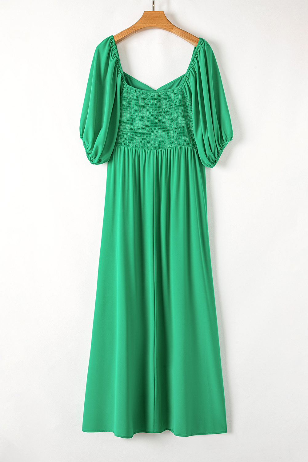 Plus Size Bright Green Ruched Front Puff Sleeve  Long Dress