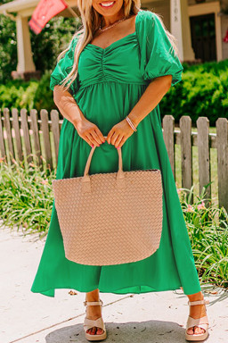 Plus Size Bright Green Ruched Front Puff Sleeve  Long Dress