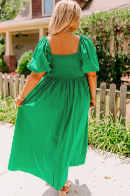 Plus Bright Green Ruched Front Puff Sleeve  Long Dress