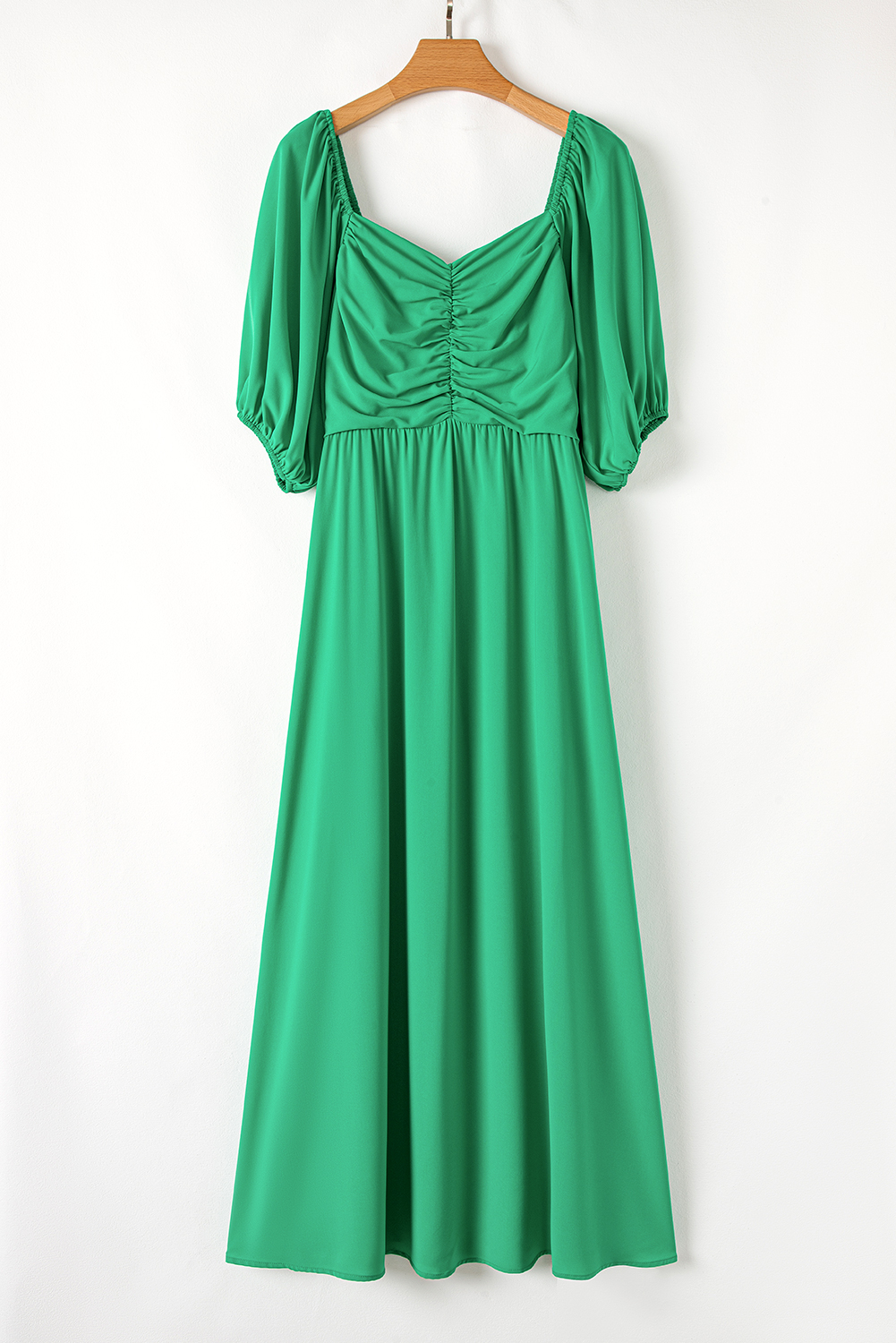Plus Size Bright Green Ruched Front Puff Sleeve  Long Dress