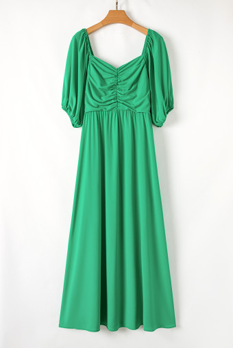 Plus Size Bright Green Ruched Front Puff Sleeve  Long Dress