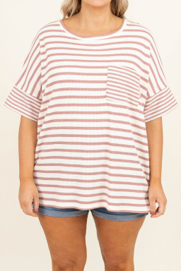 Plus Size Pink Stripe Waffle Knit Pocketed Half Sleeve  T Shirt