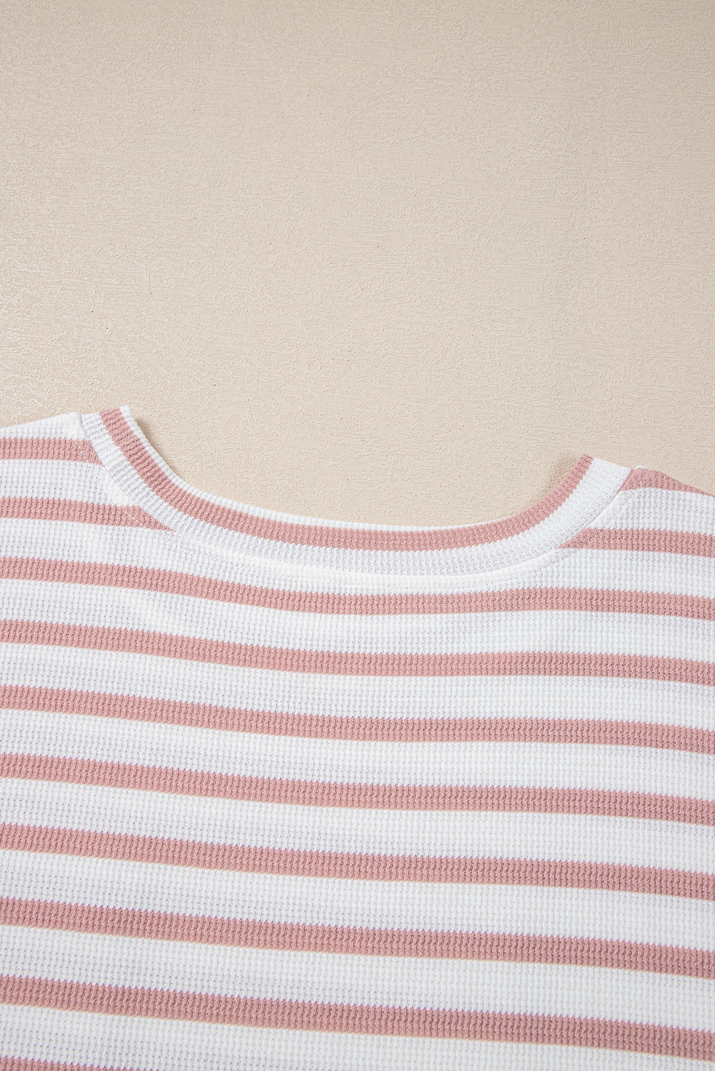 Plus Size Pink Stripe Waffle Knit Pocketed Half Sleeve  T Shirt