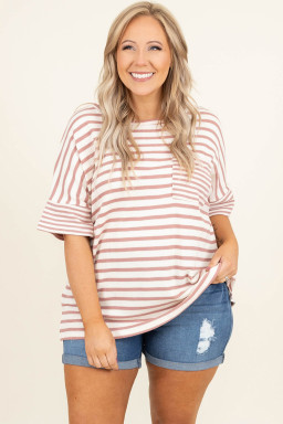 Plus Size Pink Stripe Waffle Knit Pocketed Half Sleeve  T Shirt