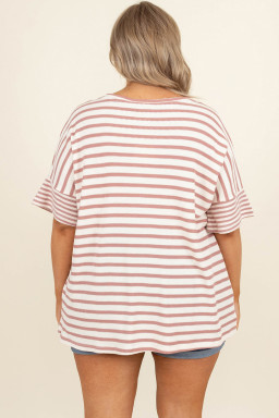 Plus Pink Stripe Waffle Knit Pocketed Half Sleeve  T Shirt