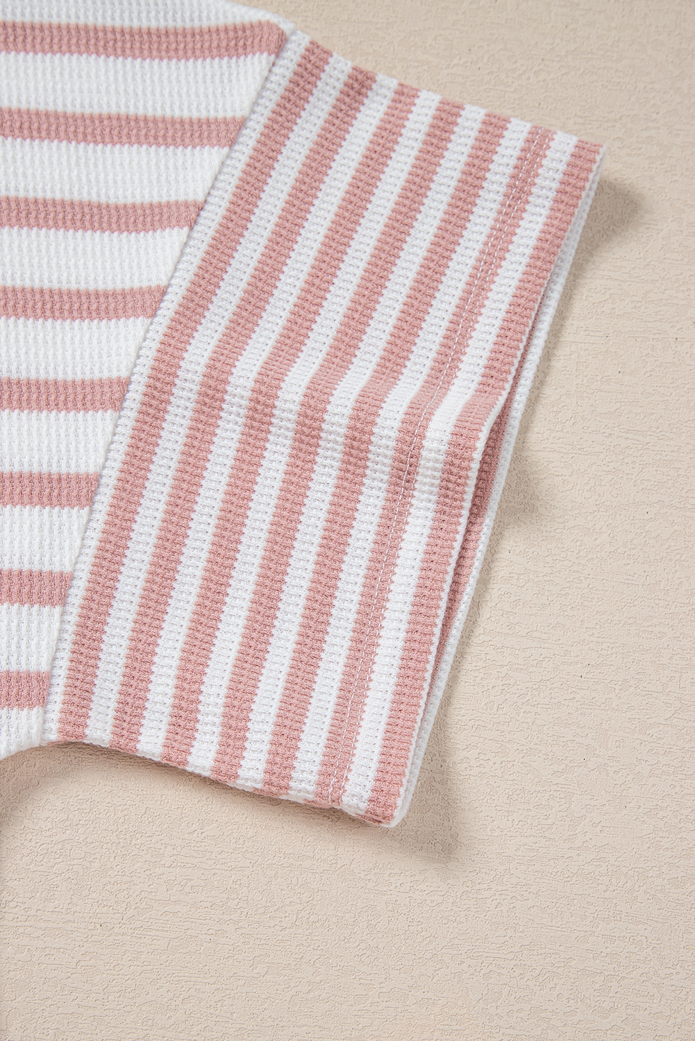 Plus Size Pink Stripe Waffle Knit Pocketed Half Sleeve  T Shirt
