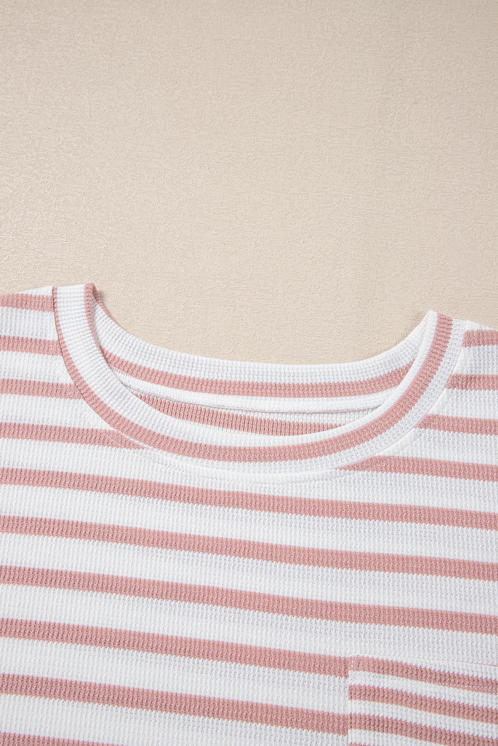 Plus Size Pink Stripe Waffle Knit Pocketed Half Sleeve  T Shirt