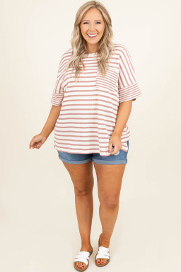 large Size Pink Stripe Waffle Knit Pocketed Half Sleeve  T Shirt