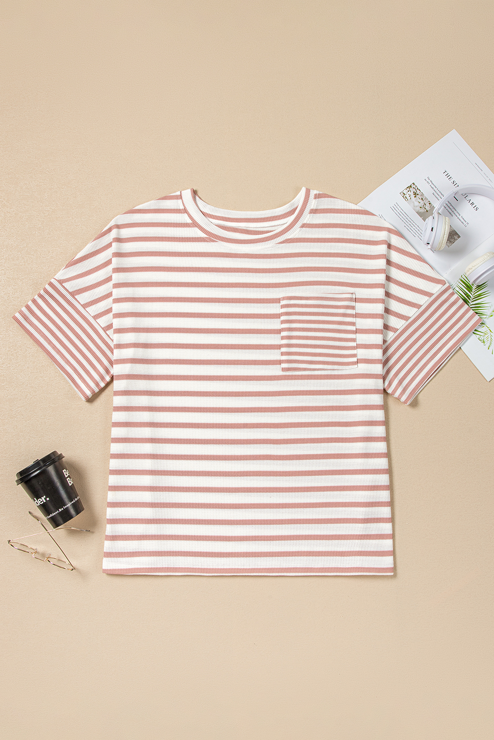 Plus Size Pink Stripe Waffle Knit Pocketed Half Sleeve  T Shirt