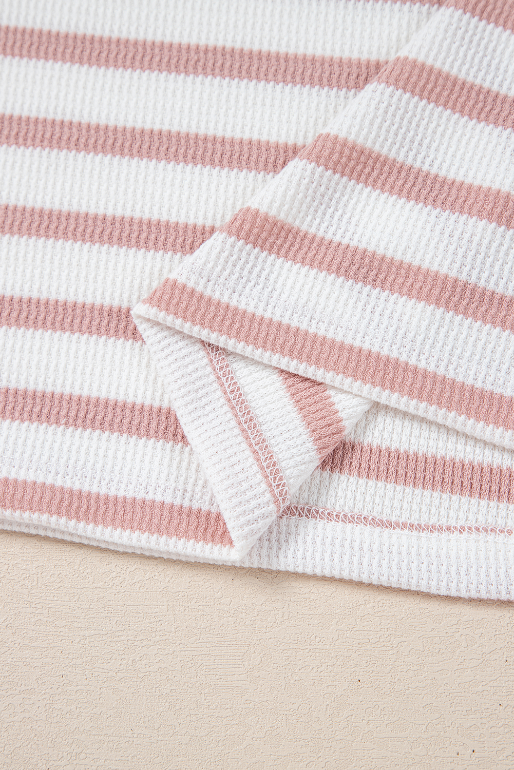 Plus Size Pink Stripe Waffle Knit Pocketed Half Sleeve  T Shirt
