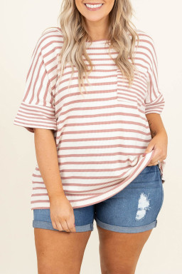 Plus Size Pink Stripe Waffle Knit Pocketed Half Sleeve  T Shirt
