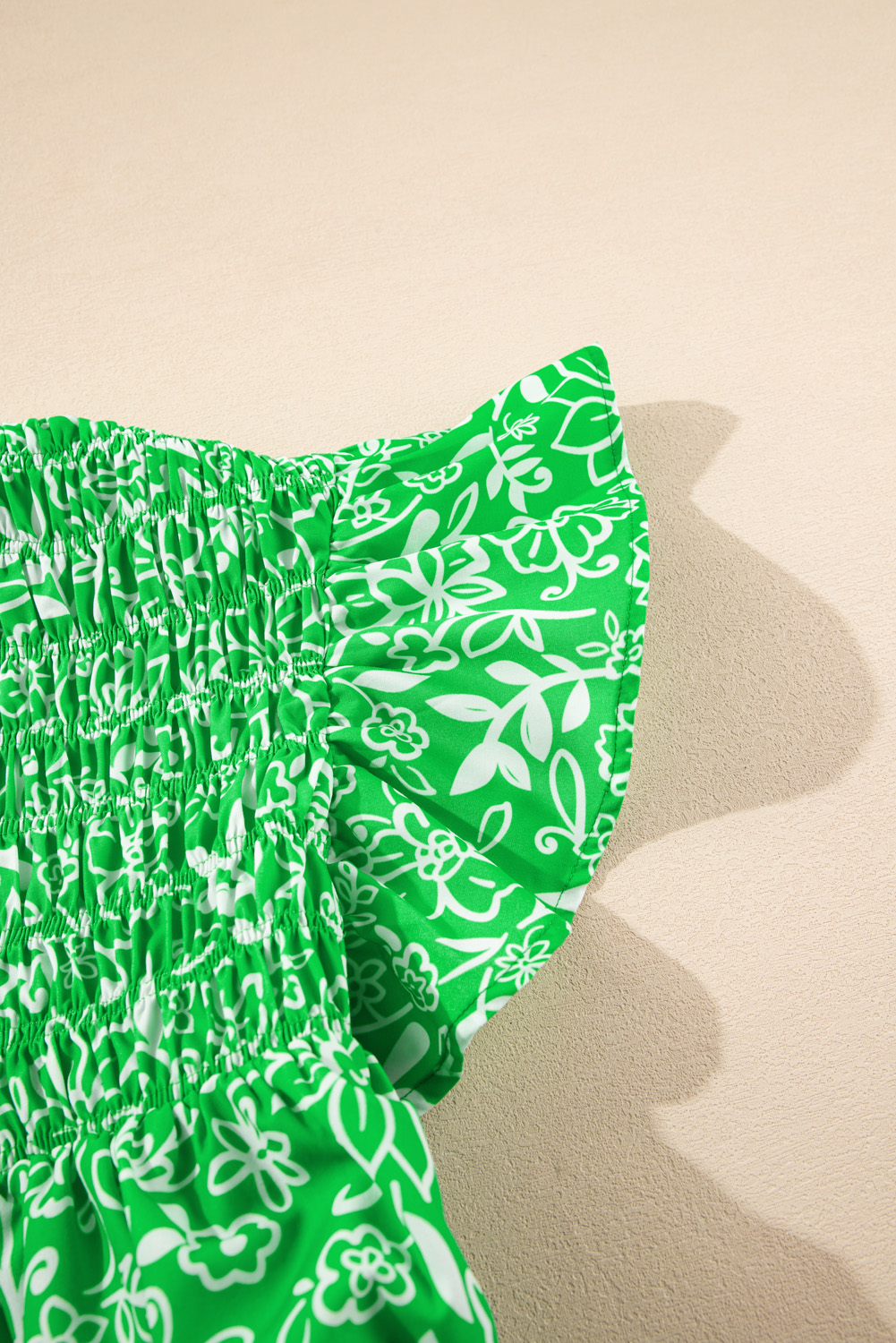 Plus Size Green Floral Flutter Sleeve Shirred Notched Neck  Blouse