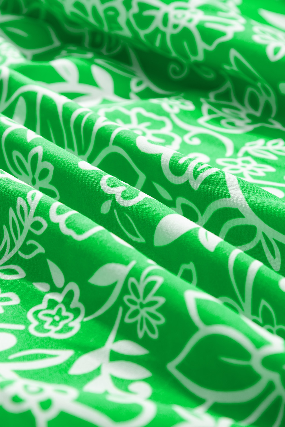 Plus Size Green Floral Flutter Sleeve Shirred Notched Neck  Blouse